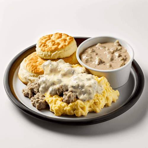 Buttermilk Biscuits and Sausage Gravy with Scrambled Eggs and Hash